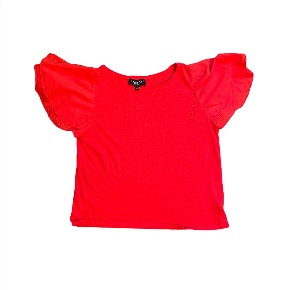 Laundry 100% Linen Poppy Red Flounce Sleeve Top NWOT Never Worn